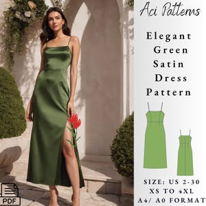 Elegante abito in raso verde - Abito da sera con spalline sottili e dettagli a spacco - Design minimalista e chic Taglia donna dalla 2 alla 30 - Formato A4-US -A0