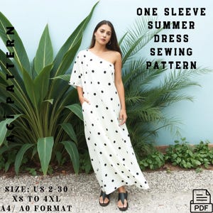 May include: A white maxi dress with black polka dots and a one-shoulder design. The dress has a short sleeve on one side and a long, flowing skirt. The dress is shown on a model standing in front of a blue wall with green plants. The text "ONE SLEEVE SUMMER DRESS SEWING PATTERN" is written in black text at the top of the image. The text "SIZE: US 2-30 XS TO 4XL A4/AO FORMAT" is written in black text at the bottom of the image. The text "PDF" is written in black text in a white box at the bottom right corner of the image.