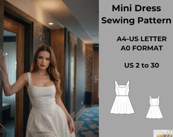 Mini Dress Sewing Pattern, Mini Dress, Ladies size 2 to 30-A4-US LETTER-A0 Format