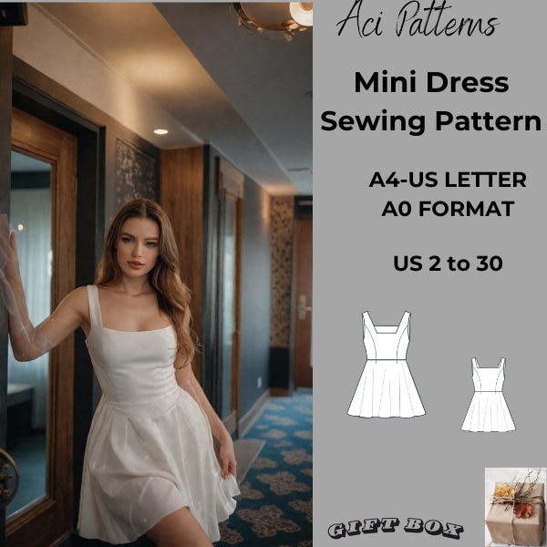 Mini Dress Sewing Pattern, Mini Dress, Ladies size 2 to 30-A4-US LETTER-A0 Format