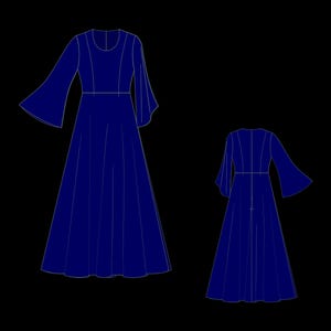 May include: A dark blue maxi dress with long bell sleeves and a fitted bodice. The dress has a simple, elegant design.