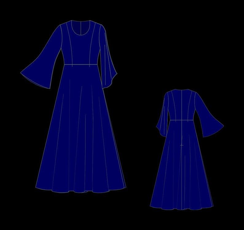 May include: A dark blue maxi dress with long bell sleeves and a fitted bodice. The dress has a simple, elegant design.