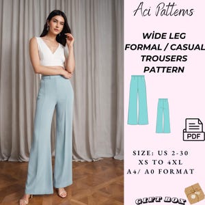 Wide Leg Pants Sewing Pattern, Trendy Pants Sewing Pattern, Classy Pant Pattern, Women&#39;s Trousers  Pattern,Ladies Size : US 2 to 30 A4-A0-US