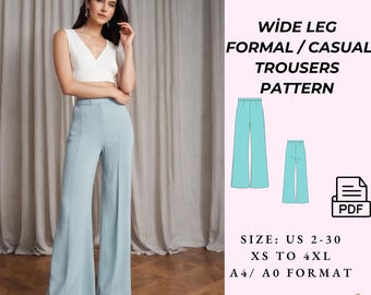 Wide Leg Trousers Sewing Pattern, Women's US 2-30 (PDF Pattern)