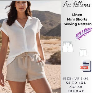 Mini pantalones cortos de lino, patrón de costura de pantalones cortos acampanados de cintura alta, patrones de costura de pantalones de playa sueltos, tallas de damas 2 a 30 // Formato A4-US LETTER-A0