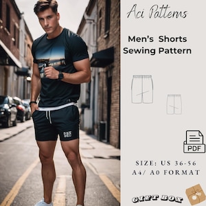 Patrón de pantalones cortos para hombre, patrón de costura de trajes de baño para hombre, tabla de tallas de 36 a 56, formato A4, carta de EE. UU., A0