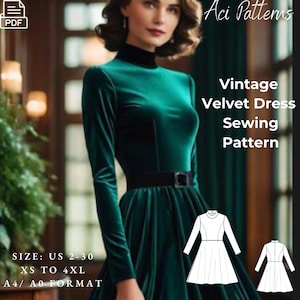 Patrón de costura para vestido de terciopelo vintage, tallas de mujer 2 a 30, A4, carta de EE. UU., formato A0