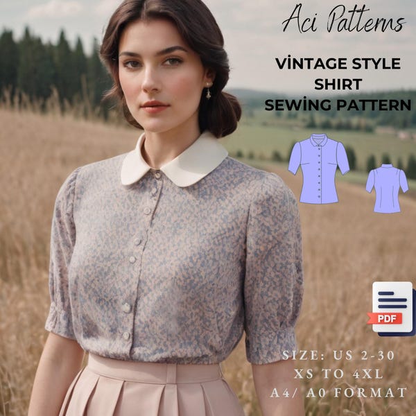 Vintage button-down shirtpatroon, damesmaten 2-30 (pdf-patroon)