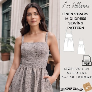 Straps Midi,Linen Dress ,Fairy Cottagecore Dress Pattern,Summer Dress With Pockets,Ladies size 2 to 30-A4-US LETTER-A0 Format