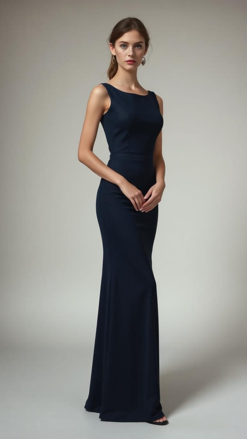 May include: A woman wearing a sleeveless, dark blue, floor-length dress with a scoop neckline.