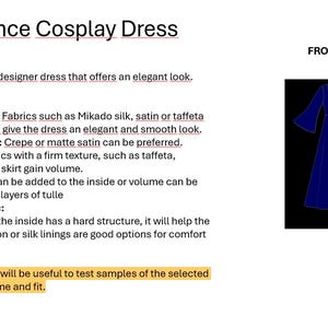 May include: A diagram showing the front and back views of a blue Renaissance cosplay dress. The text describes the fabric selection and construction of the dress.