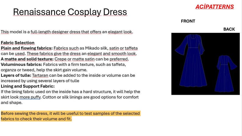May include: A diagram showing the front and back views of a blue Renaissance cosplay dress. The text describes the fabric selection and construction of the dress.