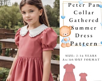 Peter Pan Collar Gathered Fall Dress Sewing,Puff Sleeve Girl Dress Pattern,Dress with collar sewing pattern, Girl Size 2-16 Age