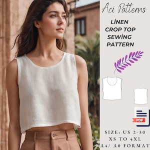 Patrón de costura para top corto de lino para mujer, blusa de lino, patrón de top bustier, patrón de top corto de tirantes finos, camisa de lino, formato A4-US LETTER-A0