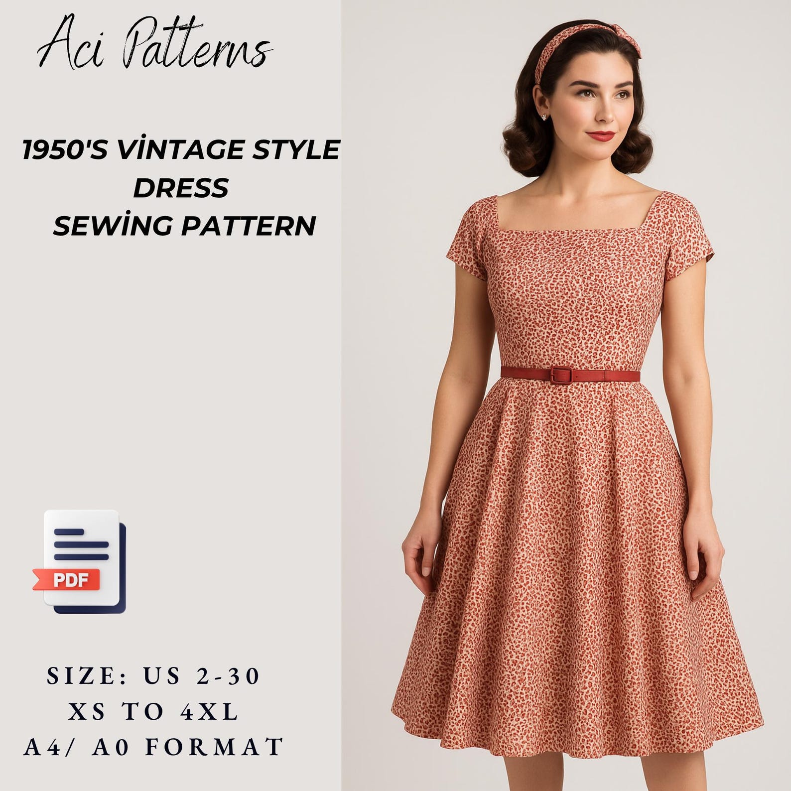 1950's Vintage Style Dress Sewing Pattern, Cocktail Dress-pdf Instant