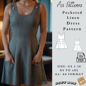 Patrón de vestido de lino con bolsillos, patrón de vestido de lino de verano, patrón de vestido de primavera, patrón de vestido de mujer Tallas de mujer 2 a 30 - Formato A4-US LETTER-A0
