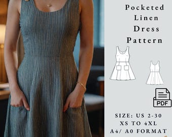 May include: Aci Patterns Pocketed Linen Dress Pattern in PDF format.  Sizes US 2-30, XS to 4XL.  A4/A0 format.  The pattern includes a dress with pockets and a sleeveless design.
