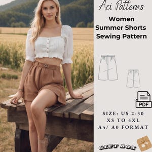 Patrón de pantalones cortos de verano / Patrón de pantalones cortos para mujer / Patrón de pantalones cortos para principiantes, Patrones de costura, Tallas de mujer 2 a 30 // Formato A4-US LETTER-A0