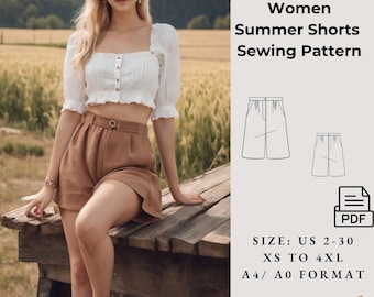 Summer Shorts Sewing Pattern: Women&#39;s Beginner Sizes 2-30 (A4-US Letter-A0 Format) (PDF)