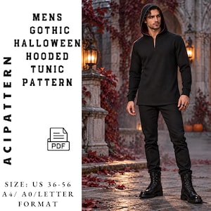 Puede incluir: Un patrón de costura PDF digital para una túnica con capucha. El texto dice: MENS GOTHIC HALLOWEEN HOODED TUNIC PATTERN, ACIPATTERN, SIZE: US 36-56, A4/ A0/LETTER FORMAT. La imagen muestra una túnica negra de manga larga con una capucha.