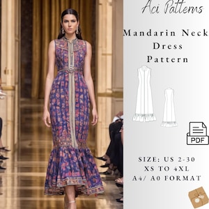 May include: A digital sewing pattern for a sleeveless dress with a mandarin collar. The pattern includes a line drawing of the dress and a photo of a model wearing a similar dress. The pattern is available in sizes US 2-30, XS to 4XL, and in A4/A0 format. The text "Aci Patterns" and "PDF" are also visible in the image.