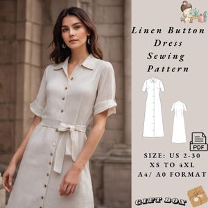 Patrón de costura para vestido largo abotonado de mujer, patrón de costura digital en PDF, patrón de vestido de lino, tallas de mujer 2 a 30, formato A4, carta estadounidense, A0.