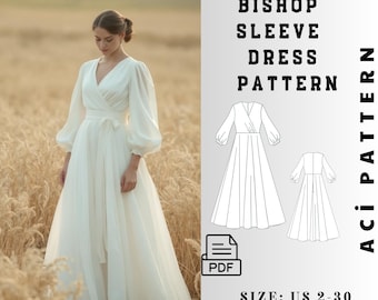 Wrap Dress Sewing Pattern, Bishop Sleeve Dress Pattern, Long Wrap Linen Dress, Puffy Sleeve Boho Dress, Cottagecore Dress   Size 2 to 30