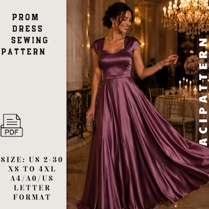 May include: A woman in a long, flowing, mauve satin prom dress. The dress features a square neckline and cap sleeves. Text on the left reads "PROM DRESS SEWING PATTERN" and "PDF". The pattern is available in sizes US 2-30, XS to 4XL, and A4/A0/US letter format.