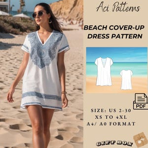 May include: A white beach cover-up dress pattern with blue trim and a geometric design. The pattern is available in sizes US 2-30, XS to 4XL, and comes in A4/A0 format. The text "Aci Patterns" and "Beach Cover-Up Dress Pattern" is visible in the image. The image also includes a PDF icon and a gift box icon.