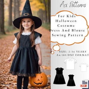 Puede incluir: Un patrón de costura en blanco y negro para un vestido y una blusa de disfraz de bruja de Halloween para niños. El patrón incluye instrucciones para las tallas de 2 a 16 años y está disponible en formatos A4, A0 y DXF. El patrón está disponible para descargar en PDF.