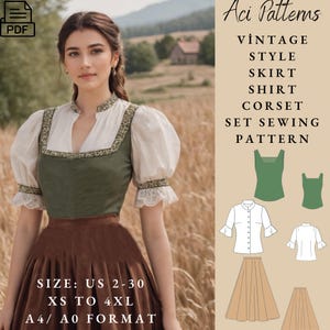 Może przedstawiać: Zestaw wzorów do szycia w stylu vintage Aci Patterns na spódnicę, koszulę i gorset. Wzór zawiera instrukcje dla rozmiarów 34-52, XS do 4XL i jest dostępny w formacie A4/A0.