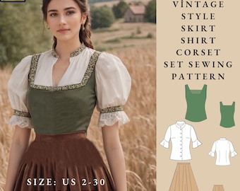 Vintage Inspired Green Dirndl Dress with Lace Details,Handmade Traditional Peasant Dress,Vintage Skirt, Shirt and Corset Set Pattern,2 to 30