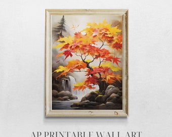 Arte dell'albero di acero giapponese, decorazione murale, stampa della natura serena, paesaggio moderno, opera d'arte contemporanea, download digitale