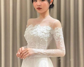 Set Ao dai lace/Pre-made Wedding /Vietnamese Dress For Women/Beautiful modern white lace wedding ao dai/ white Pants inclued.