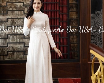 Set Ao Dai Lua Tra Mi/White Ao dai White Ao Dai Set with pearls | Pre-made Vietnamese Long Dress | Pants included.