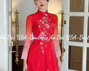 Set Ao Dai Cach Tan/Set Ao dai Cach Tan/Red flowers 3D Ao dai Vietnam| Vietnamese long dress| Pants included/Ao Dai Modern Tet 2024.