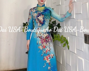 Lua Thai Tuan In/Ao Dai for her-Flower modernized Ao Dai set| NO Pants included/Pre made ao dai Vietnam| Women long dress.
