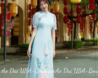 Set Ao Dai Cach Tan/light green Flower modernized with crystals| white Pants included| Ao dai for Vietnamese women| Vietnamese long dress.