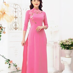 Ao dai lụa thái tuấn/ Ao Dài design with pearl and 4D flowers/ áo dai traditional/ NO PANTS included/ Ao Dai Tet.