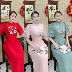 Ao Dai Thai Tuan/ Ao dai be le/3 colors / Ao dai Tet Luna New Year/ Bridesmaid Ao Dai Vietnamese / Pre-made Modernized Vietnamese/ No pants. image 4