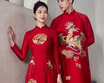 Pre-made Wedding ao dai for Couples/Red Ao Dai Vietnamese Traditional dress with Gold Embroidery /High quality Ao dai Vietnam.