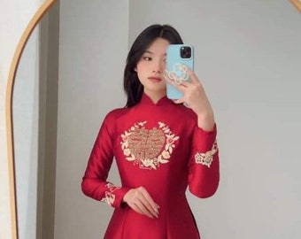 Ao dai lua Thai Tuan Design with Crystal /Embroidered Vietnamese Traditional Long Dress/Red Ao dai/No pants included/Wedding ao dai for wome