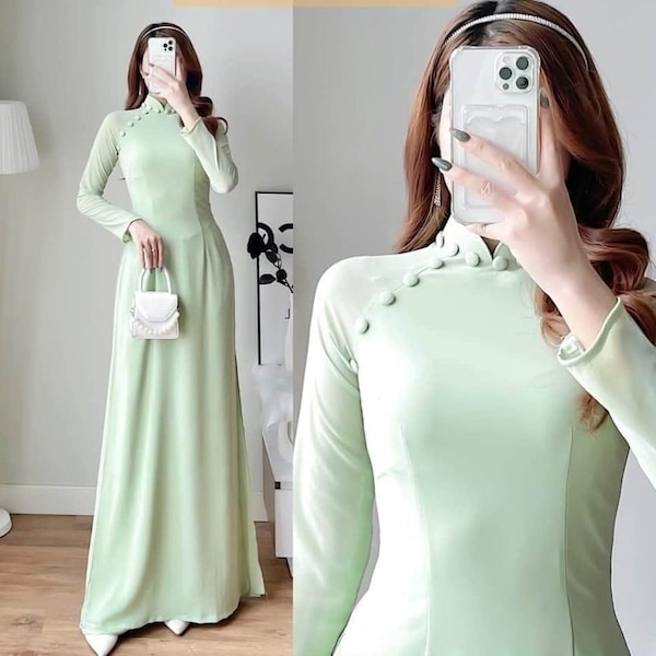 Set Ao dai Chiffon with design button/Avocado Green/Double layers chiffon Ao Dai| Pre-made Vietnamese Long Dress | Pants included.