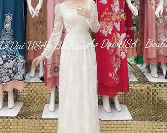 White ao dai lace with design,Viet Nam ao dai,Ao dai for her,Ao Dai design, Ao dai white