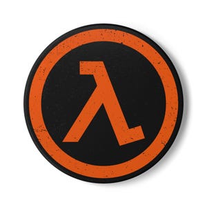 May include: A round, black sticker with an orange lambda symbol inside an orange circle. The design has a distressed, vintage look, with a white background.