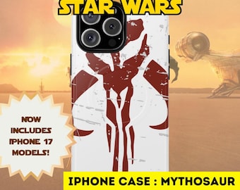 May include: White iPhone case featuring a distressed red Mythosaur symbol, inspired by Star Wars. The case is MagSafe compatible and includes iPhone 17 models. The text "INSPIRED BY: STAR WARS" is at the top.