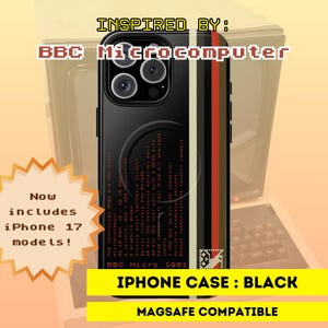 May include: Black iPhone case with a retro design inspired by the BBC Microcomputer. The case features vertical stripes in red, white, and black. Text on the case includes "BBC Micro 1981" and "iPhone Case: Black". The case is MagSafe compatible.