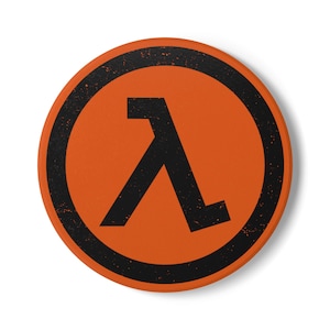 May include: Circular orange coaster featuring a black lambda symbol within a black border. The coaster has a distressed, vintage aesthetic, with a slightly worn appearance. The design is simple and bold, with a clear contrast between the colours.