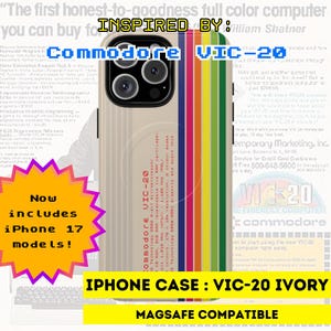May include: Ivory iPhone case with a retro Commodore VIC-20 design. The case features a colorful stripe pattern and the text "Commodore VIC-20". It is compatible with iPhone 17 models and MagSafe.