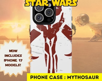 May include: White phone case with a red Mythosaur symbol, inspired by Star Wars. The case is for iPhone, Google Pixel, and Samsung S models. Text on the case reads "PHONE CASE: MYTHOSAUR". The image also states "NOW INCLUDES IPHONE 17 MODELS!"